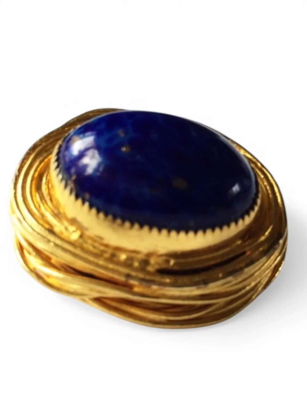 Vintage Brutalist Gold‑Tone Brooch - Blue Agate Cabochon & Gold Flecks - Picture 10 of 13